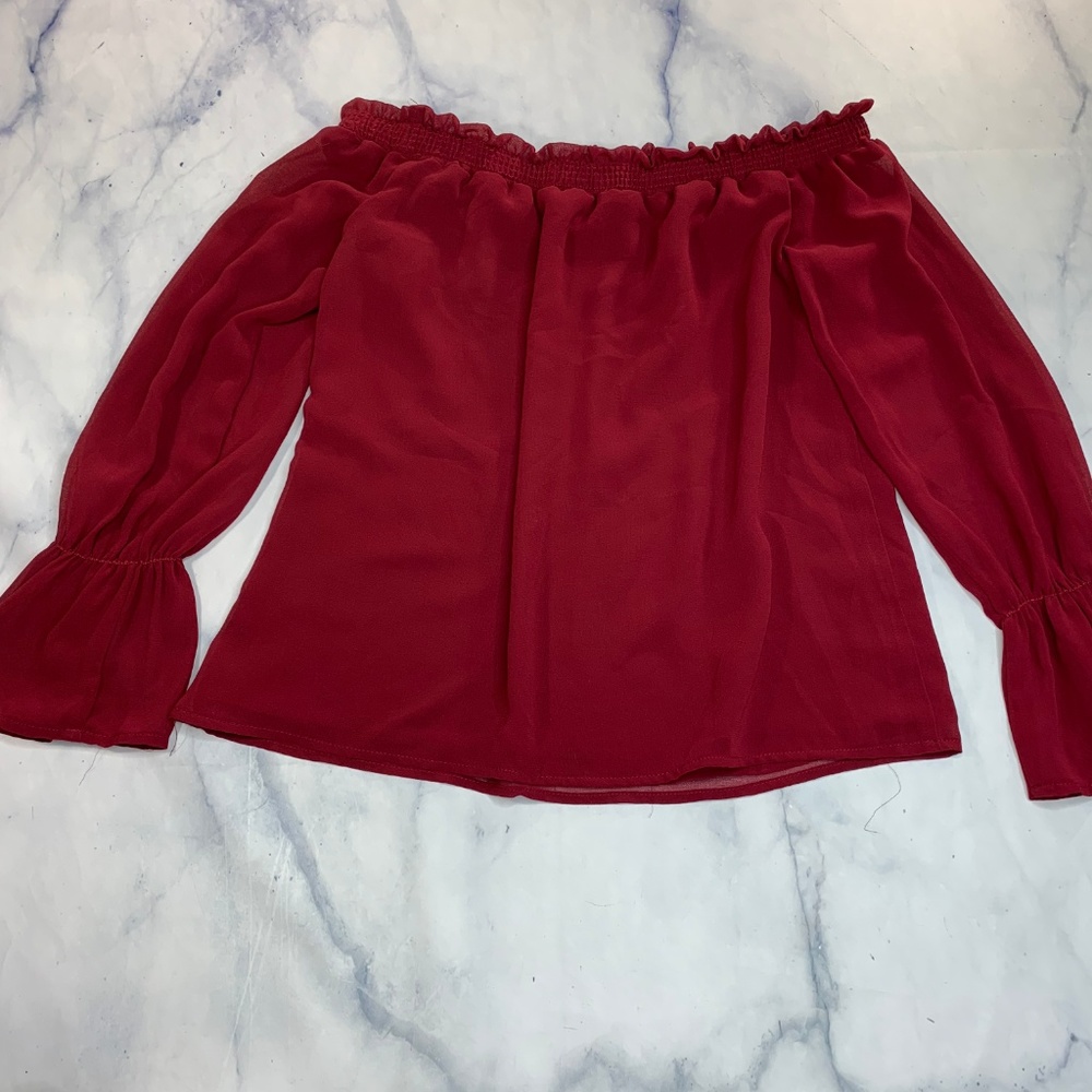 Wayf Red Off Shoulder Bell Long Sleeve Blouse - Picture 5 of 8
